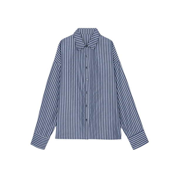The Frankie Shop Forli Shirt - Navy/White Stripe - Oversized Minimalist Tops in Multicolour - Shop at Coveti