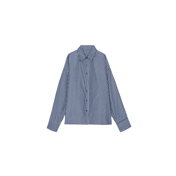 The Frankie Shop Forli Shirt - Navy/White Stripe - Oversized Minimalist Tops in Multicolour - Shop at Coveti