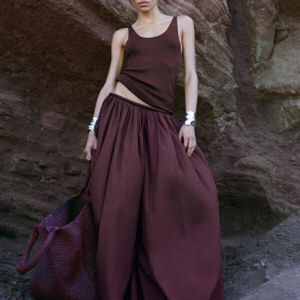 The Frankie Shop Gaeta Wide Corded Waistband Culottes - Burgundy - Oversized Minimalist Pants in Red - Shop at Coveti