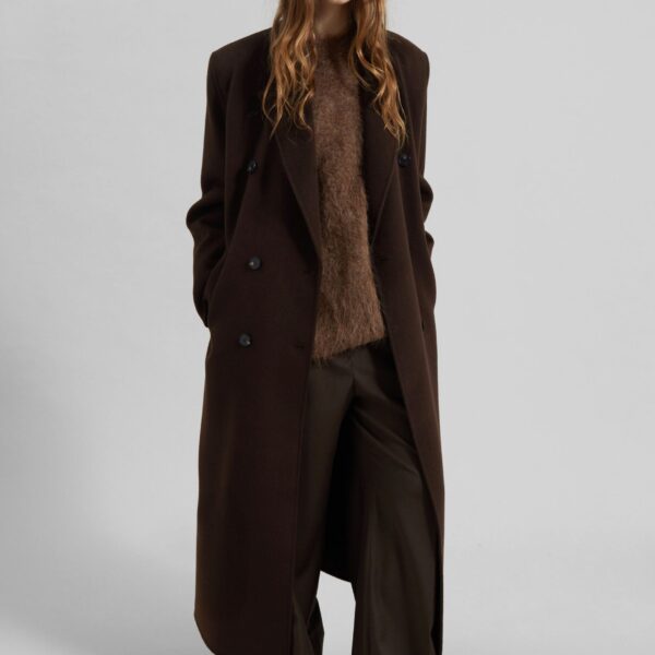 The Frankie Shop Gaia Double Breasted Coat - Dark Brown - Oversized Minimalist Coats in Beige - Shop at Coveti