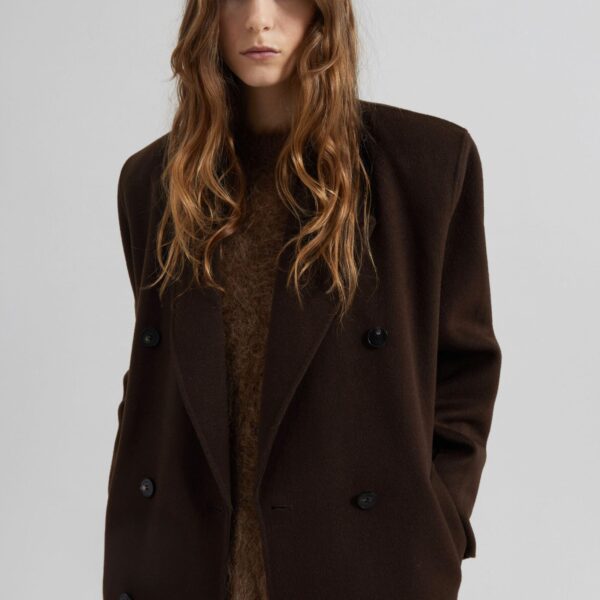 The Frankie Shop Gaia Double Breasted Coat - Dark Brown - Oversized Minimalist Coats in Beige - Shop at Coveti