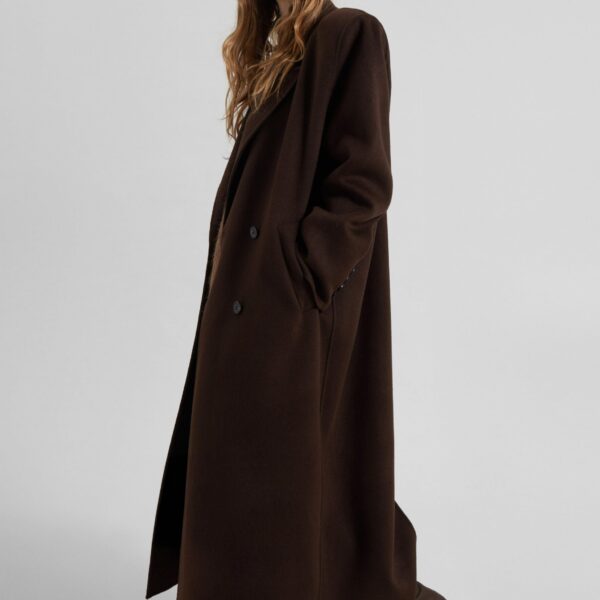 The Frankie Shop Gaia Double Breasted Coat - Dark Brown - Oversized Minimalist Coats in Beige - Shop at Coveti
