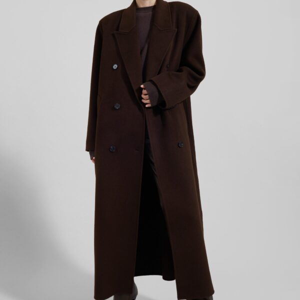 The Frankie Shop Gaia Double Breasted Coat - Dark Brown - Oversized Minimalist Coats in Beige - Shop at Coveti