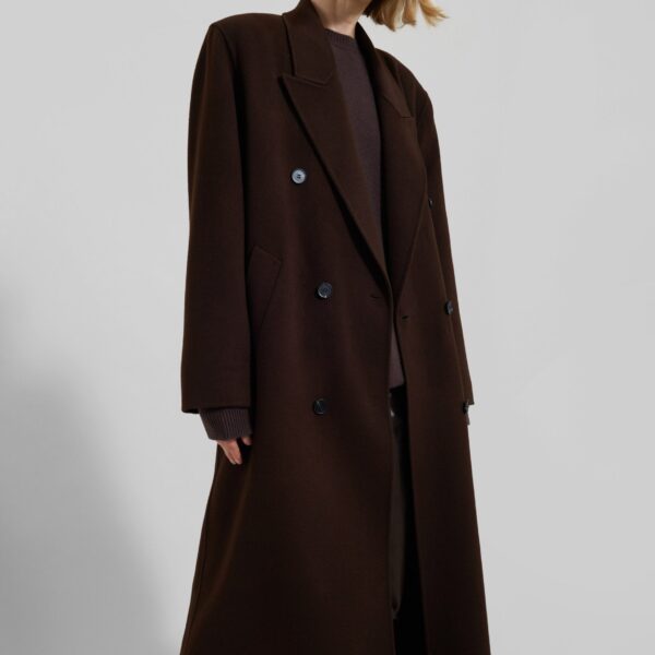 The Frankie Shop Gaia Double Breasted Coat - Dark Brown - Oversized Minimalist Coats in Beige - Shop at Coveti