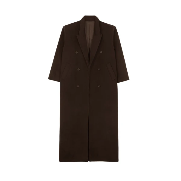 The Frankie Shop Gaia Double Breasted Coat - Dark Brown - Oversized Minimalist Coats in Beige - Shop at Coveti