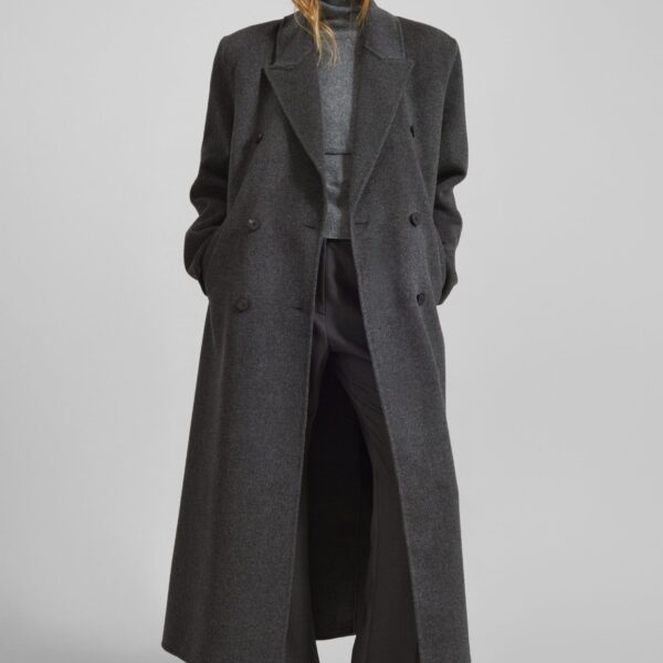 The Frankie Shop Gaia Double Breasted Coat - Dark Grey Melange - Oversized Minimalist Coats in Grey - Shop at Coveti