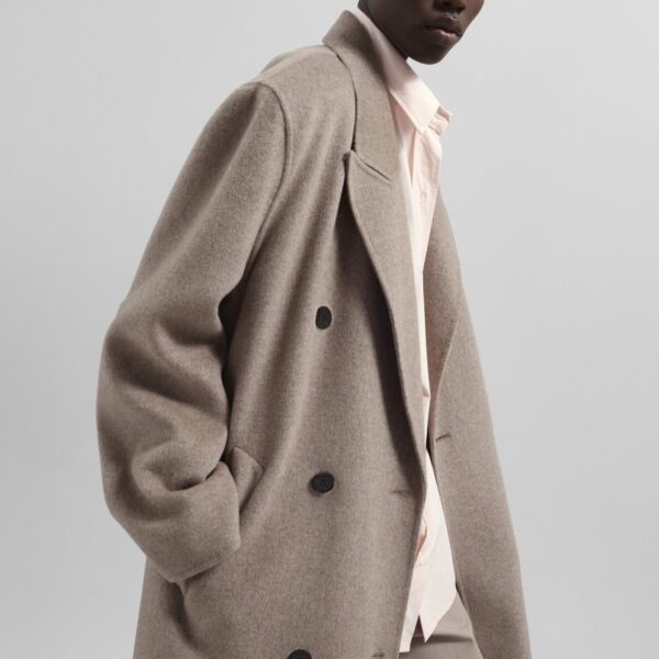 The Frankie Shop Gaia Double Breasted Coat - Taupe Melange - Oversized Minimalist Coats in Beige - Shop at Coveti