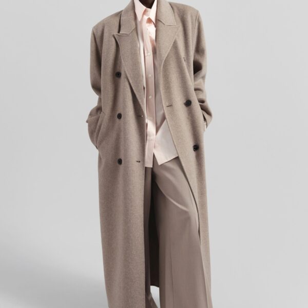 The Frankie Shop Gaia Double Breasted Coat - Taupe Melange - Oversized Minimalist Coats in Beige - Shop at Coveti
