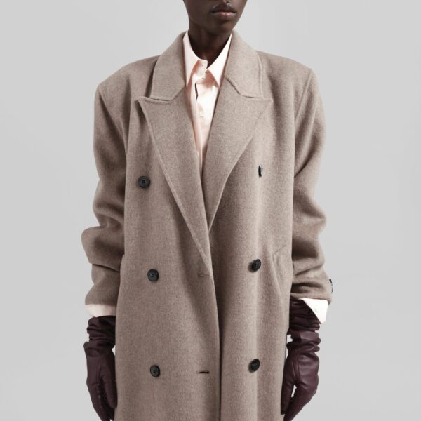 The Frankie Shop Gaia Double Breasted Coat - Taupe Melange - Oversized Minimalist Coats in Beige - Shop at Coveti