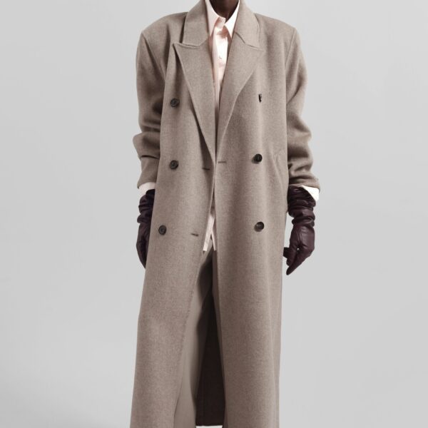The Frankie Shop Gaia Double Breasted Coat - Taupe Melange - Oversized Minimalist Coats in Beige - Shop at Coveti