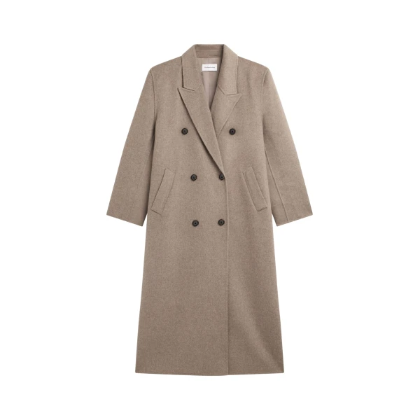 The Frankie Shop Gaia Double Breasted Coat - Taupe Melange - Oversized Minimalist Coats in Beige - Shop at Coveti
