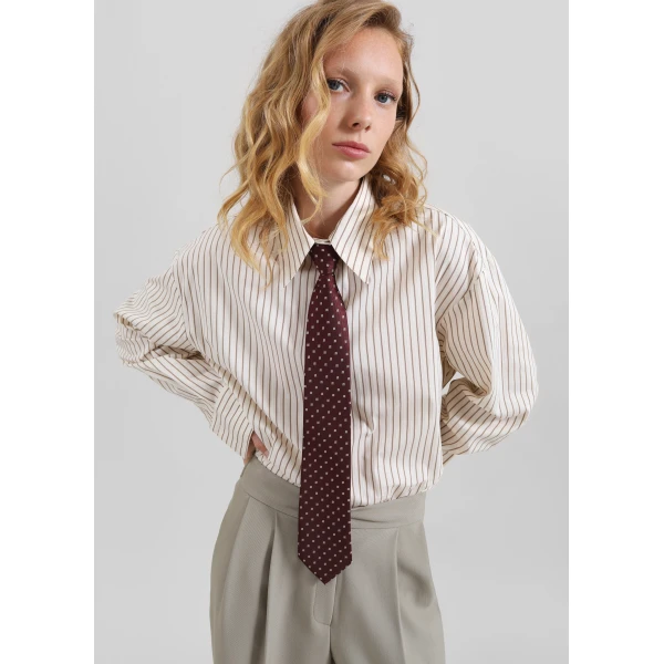 The Frankie Shop Gainsford Neck Tie Shirt – Beige/Brown Stripe, view 2