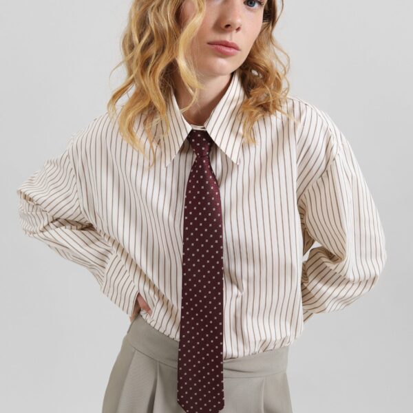 The Frankie Shop Gainsford Neck Tie Shirt - Beige/Brown Stripe - Oversized Minimalist Tops in Multicolour - Shop at Coveti