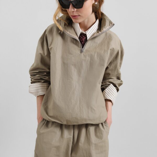 The Frankie Shop Gainsford Neck Tie Shirt - Beige/Brown Stripe - Oversized Minimalist Tops in Multicolour - Shop at Coveti