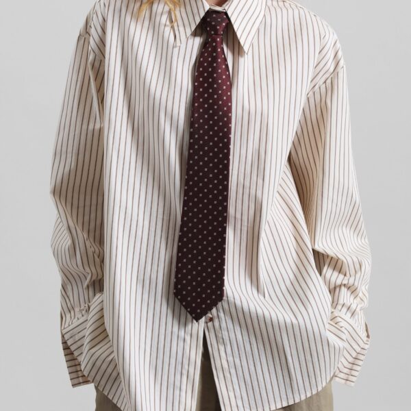 The Frankie Shop Gainsford Neck Tie Shirt - Beige/Brown Stripe - Oversized Minimalist Tops in Multicolour - Shop at Coveti