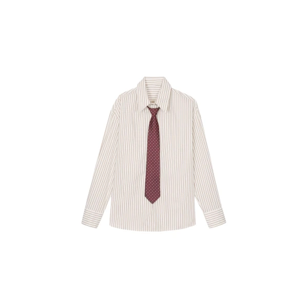 The Frankie Shop Gainsford Neck Tie Shirt - Beige/Brown Stripe - Oversized Minimalist Tops in Multicolour - Shop at Coveti