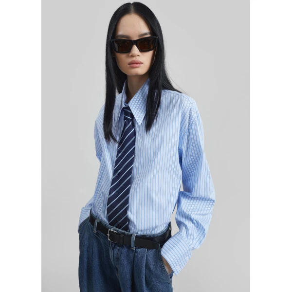 The Frankie Shop Gainsford Neck Tie Shirt – Blue/White Stripe, view 2