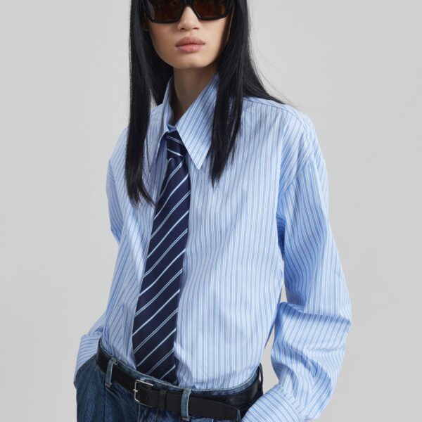 The Frankie Shop Gainsford Neck Tie Shirt - Blue/White Stripe - Oversized Minimalist Tops in Multicolour - Shop at Coveti