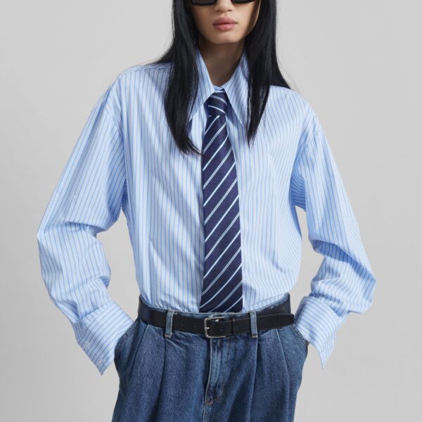 The Frankie Shop Gainsford Neck Tie Shirt - Blue/White Stripe - Oversized Minimalist Tops in Multicolour - Shop at Coveti