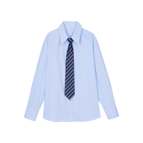 The Frankie Shop Gainsford Neck Tie Shirt - Blue/White Stripe - Oversized Minimalist Tops in Multicolour - Shop at Coveti