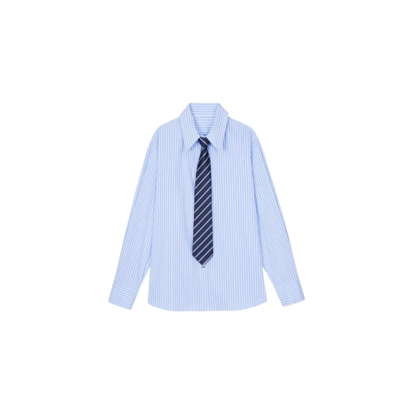 The Frankie Shop Gainsford Neck Tie Shirt - Blue/White Stripe - Oversized Minimalist Tops in Multicolour - Shop at Coveti