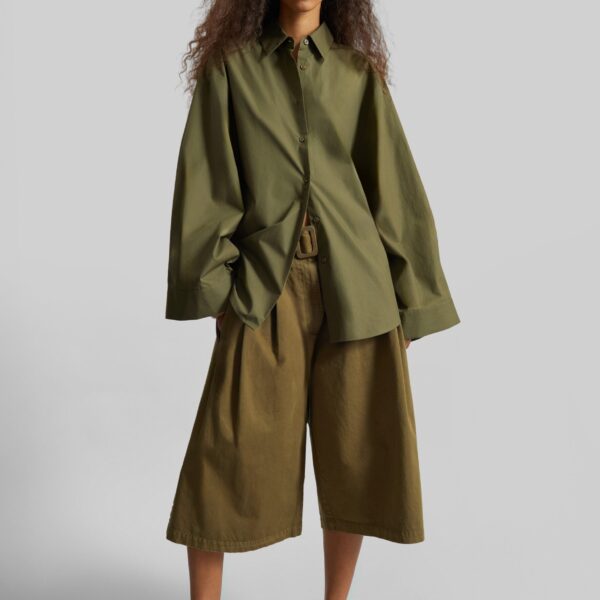 The Frankie Shop Garment Dye Pleated Culotte - Avocado - Oversized Minimalist Shorts in Green - Shop at Coveti