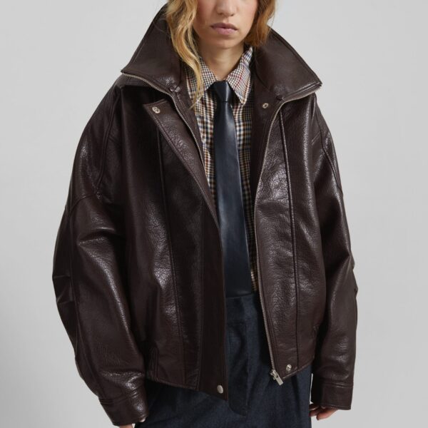 The Frankie Shop Gemonio Faux Leather Jacket - Brown - Oversized Minimalist Jackets in Beige - Shop at Coveti