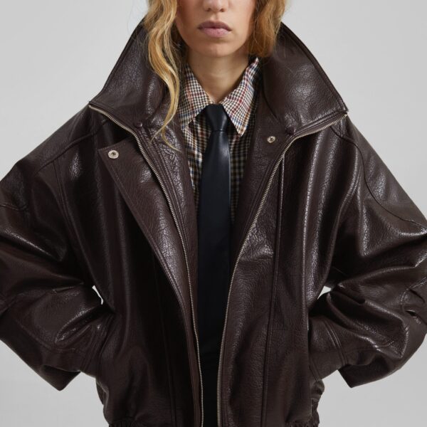 The Frankie Shop Gemonio Faux Leather Jacket - Brown - Oversized Minimalist Jackets in Beige - Shop at Coveti