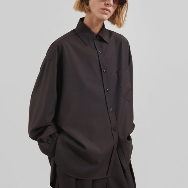 The Frankie Shop Georgia Wool Blend Shirt - Brown - Oversized Minimalist Tops in Beige - Shop at Coveti