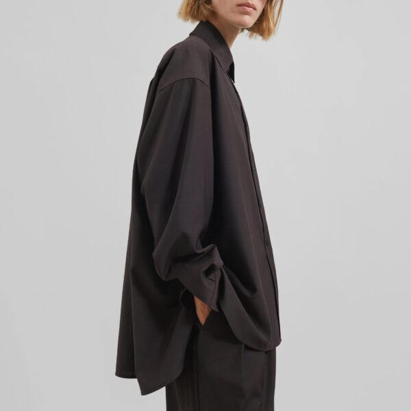 The Frankie Shop Georgia Wool Blend Shirt - Brown - Oversized Minimalist Tops in Beige - Shop at Coveti