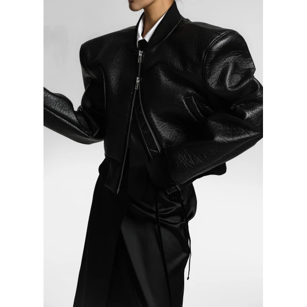 The Frankie Shop Glane Faux Leather Bomber Jacket – Black, view 3