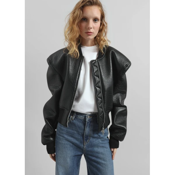 The Frankie Shop Glane Faux Leather Bomber Jacket – Black, view 4