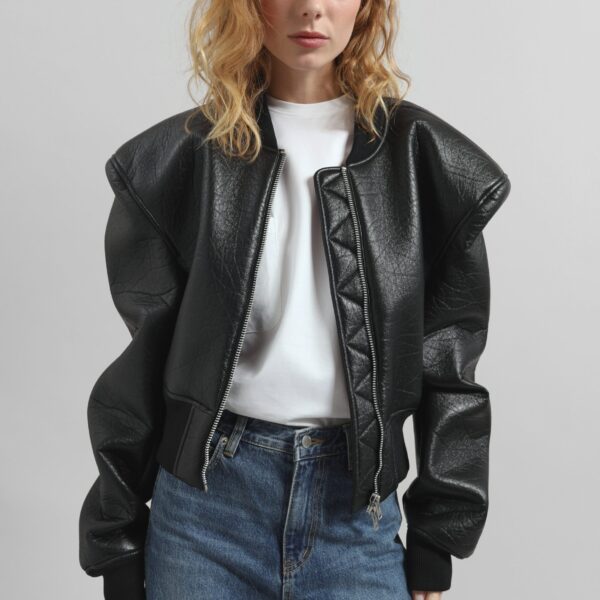 The Frankie Shop Glane Faux Leather Bomber Jacket - Black - Oversized Minimalist Jackets in Black - Shop at Coveti