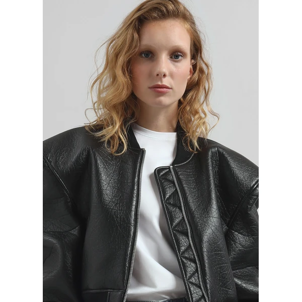The Frankie Shop Glane Faux Leather Bomber Jacket – Black, view 6