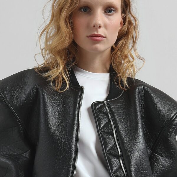 The Frankie Shop Glane Faux Leather Bomber Jacket - Black - Oversized Minimalist Jackets in Black - Shop at Coveti
