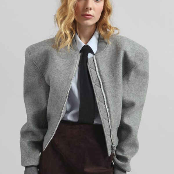 The Frankie Shop Glane Padded Wool Bomber Jacket - Grey Melange - Oversized Minimalist Jackets in Grey - Shop at Coveti