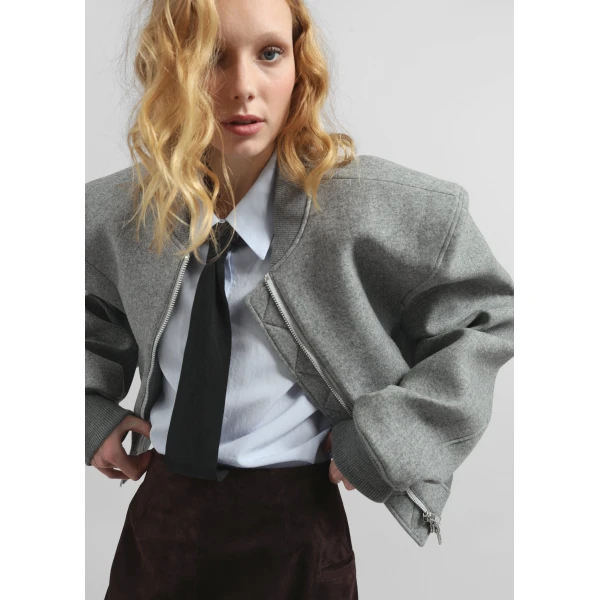The Frankie Shop Glane Padded Wool Bomber Jacket – Grey Melange, view 5