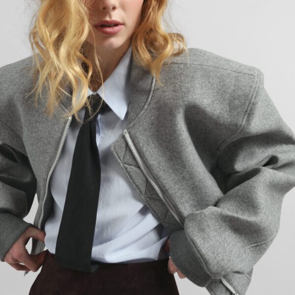 The Frankie Shop Glane Padded Wool Bomber Jacket - Grey Melange - Oversized Minimalist Jackets in Grey - Shop at Coveti