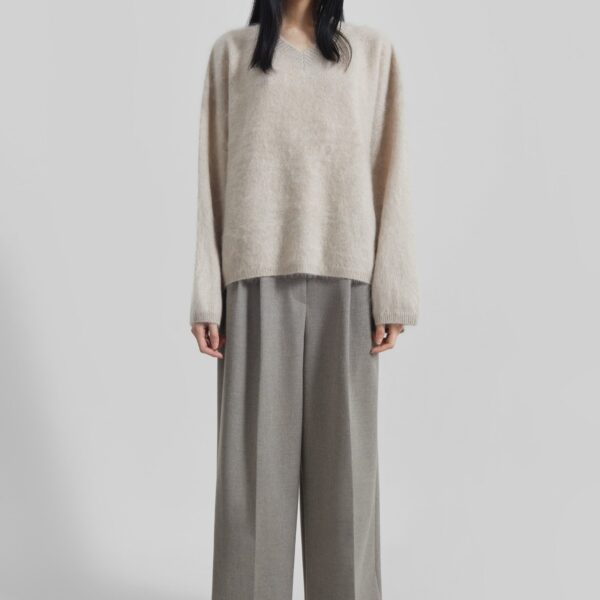 The Frankie Shop Haflso Pleated Wide Trousers - Beige Melange - Oversized Minimalist Pants in Beige - Shop at Coveti