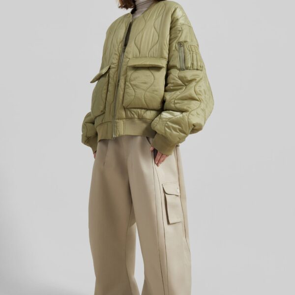 The Frankie Shop Halsey Quilted Bomber Jacket - Moss Green - Oversized Minimalist Jackets in Green - Shop at Coveti
