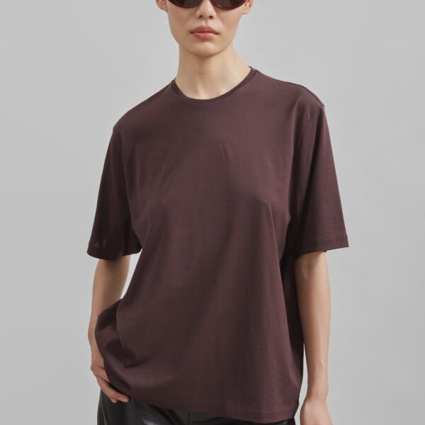The Frankie Shop Harper Soft Organic T-Shirt - Dark Plum - Oversized Minimalist Tops in Purple - Shop at Coveti