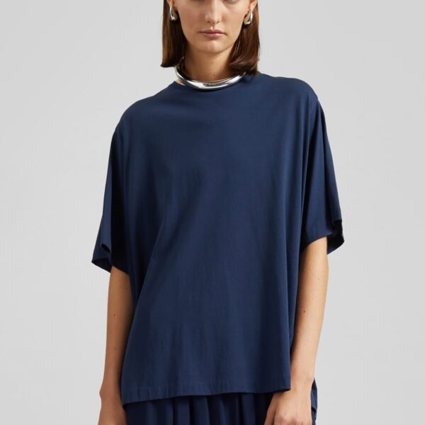 The Frankie Shop Harper Soft Organic T-Shirt - Navy - Oversized Minimalist Tops in Blue - Shop at Coveti