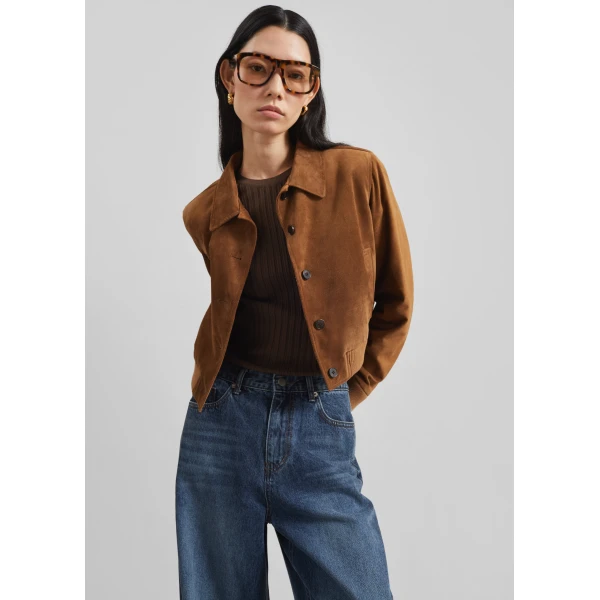 The Frankie Shop Hartford Suede Short Jacket – Dark Camel, view 2