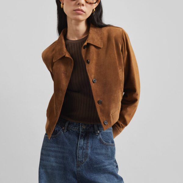 The Frankie Shop Hartford Suede Short Jacket - Dark Camel - Oversized Minimalist Jackets in Beige - Shop at Coveti