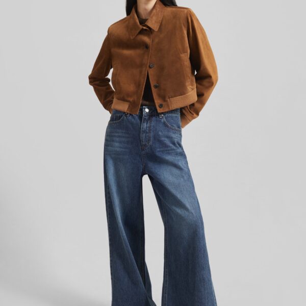 The Frankie Shop Hartford Suede Short Jacket - Dark Camel - Oversized Minimalist Jackets in Beige - Shop at Coveti