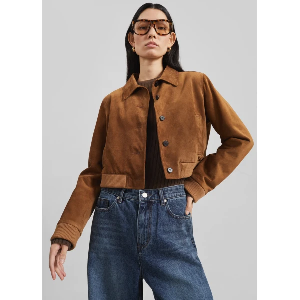 The Frankie Shop Hartford Suede Short Jacket – Dark Camel, view 4