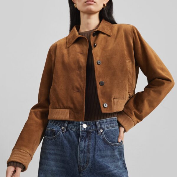 The Frankie Shop Hartford Suede Short Jacket - Dark Camel - Oversized Minimalist Jackets in Beige - Shop at Coveti