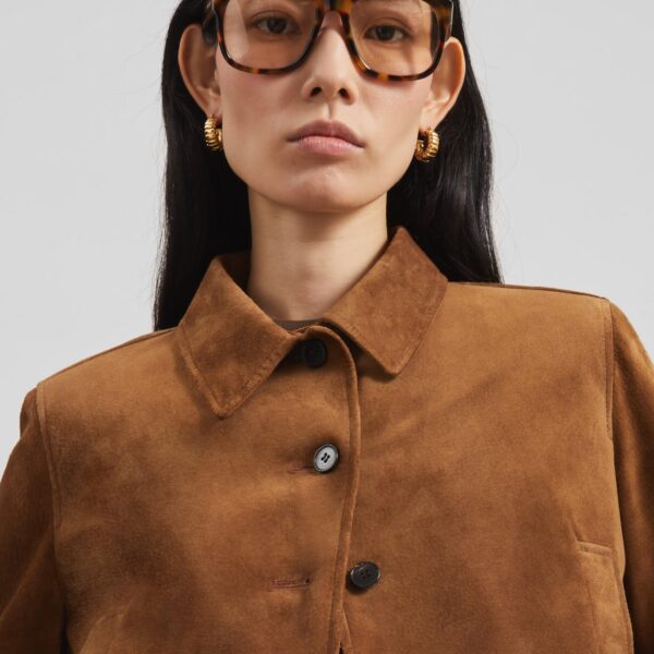 The Frankie Shop Hartford Suede Short Jacket - Dark Camel - Oversized Minimalist Jackets in Beige - Shop at Coveti