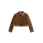 The Frankie Shop Hartford Suede Short Jacket - Dark Camel - Oversized Minimalist Jackets in Beige - Shop at Coveti