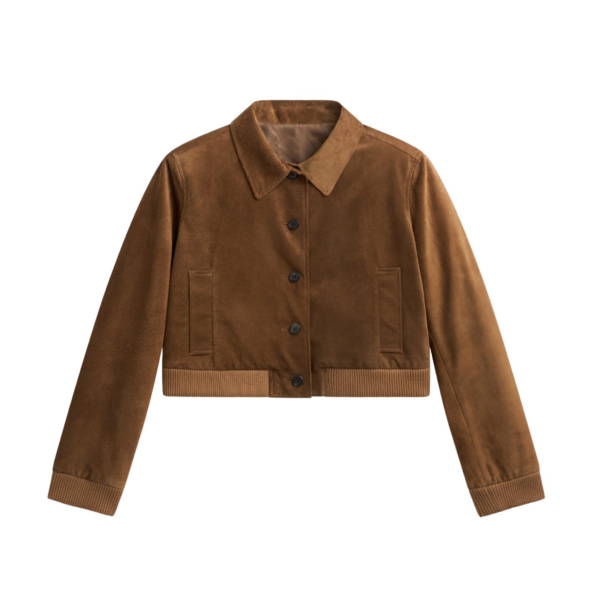 The Frankie Shop Hartford Suede Short Jacket - Dark Camel - Oversized Minimalist Jackets in Beige - Shop at Coveti